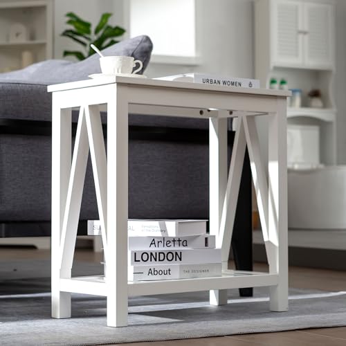 VANIRROR Mesas auxiliares blancas para sala de estar, mesa auxiliar de 23 x 23 pulgadas, mesita de noche de madera MDF, diseño estético, soporte resistente, marco de madera certificado FSC®