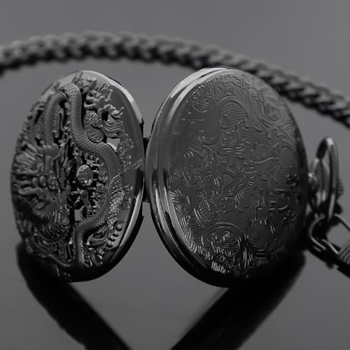Image of Dragon Design Quartz Pocket Watch Roman Numerals with Chain Birthdays Gifts for Father's Days