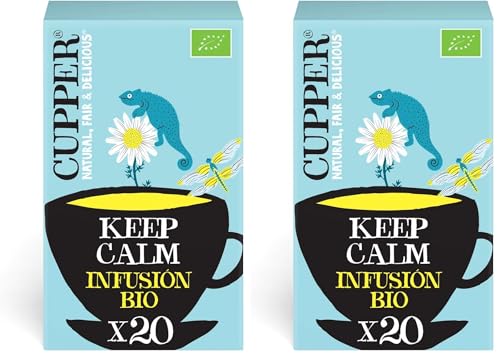 Cupper - 20 Bolsitas de Infusiones Ecológicas Keep Calm - Sin Azúcar Añadido - Apto para Veganos - Propiedades Refrescantes y Digestivas - Contiene Manzanilla y Melisa (Paquete de 2)