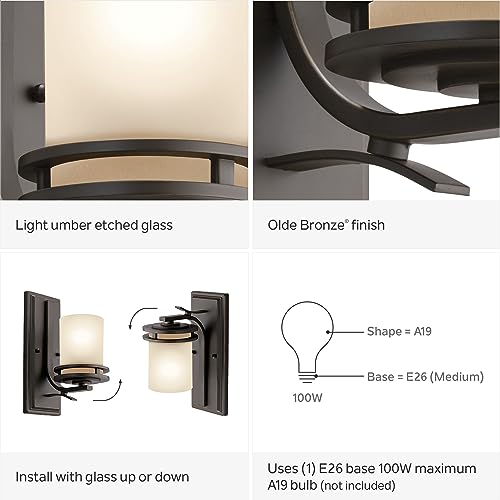 Image of Kichler Hendrik 12 inch Wall Light Fixture in Olde Bronze with Umber Etched Glass, 1-Light Wall Lamp for Bedroom or Living Room, 5076OZ