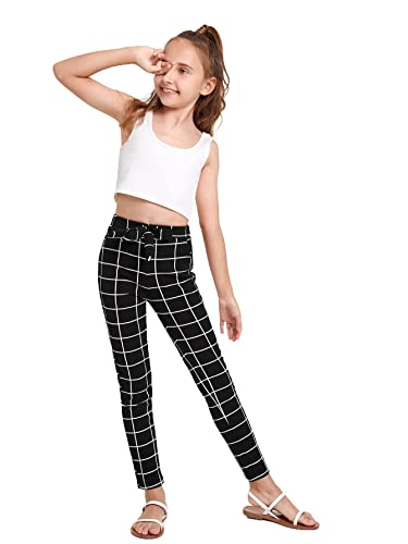 WDIRARA Girl's Stretchy Plaid Paper Bag Waist Skinny Legging Pants with Pockets2