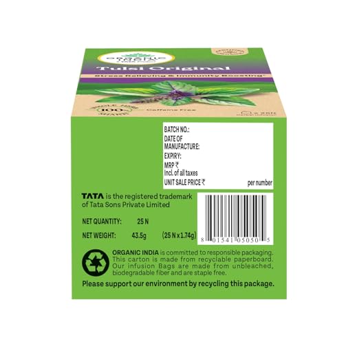 Image of A TATA Product - Organic India Tulsi Original - 25 Tea Bags, Caffeine-Free Herbal Tea with Tulsi, Natural Detoxifier, Rich in Antioxidants, Convenient Staple-Free Bag