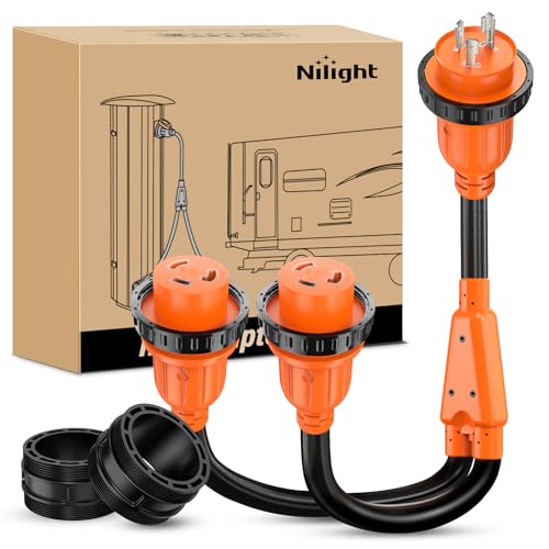 Image of Nilight 30 Amp to 30Amp RV Power Adapter NEMA L5-30P to 2x L5-30R Marine Shore Y Splitter Cord w /Locking Rings Pure Copper Heavy Duty 10 AWG Cable ETL-Listed for RVs Boat Yacht Camper Outdoor Use