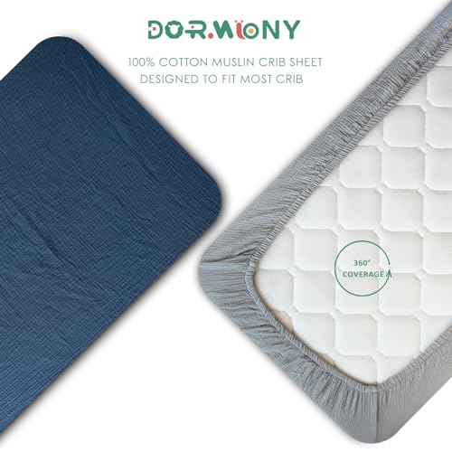 Image of Ultra Soft Muslin Crib Sheets for Baby, Premium Breathable Organic Cotton Crib Fitted Sheet for 52''x28''Standard Crib and Toddler Mattress,Grey&Navy Blue
