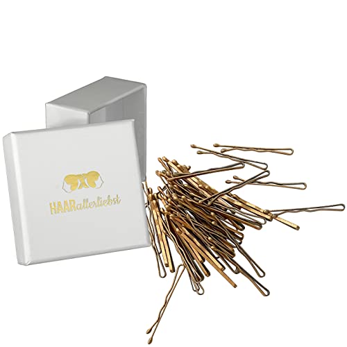 HAARallerliebst 50 Mini Hair Pins - 3.4 cm Small Bobby Pins - Gold Glitter - Hair Clips Women & Hair Pins in White Box - Perfect Hair Pin for Styling & Hold