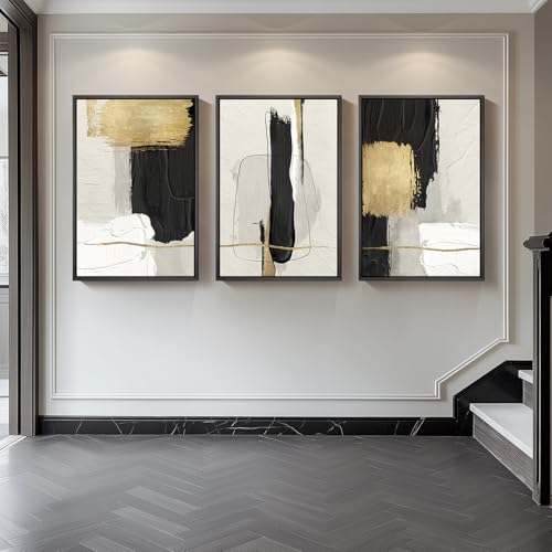 Large Framed Black and White Abstract Wall Art, 3 Piece Modern Canvas Prints Paintings Artwork for Walls, Minimalist Black Beige Gold Pictures for LIving Room Bedroom Office Wall Decor Total 30x60 In