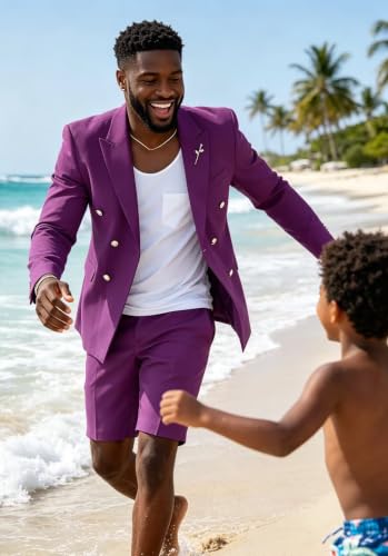 Image of Short Suits for Men 2 Piece Summer Mens Suit Beach Wedding Tuxedo | Double breasted jacket, peaked lapel, shorts, slim fit, summer suits for men, dinner party prom, vacation, business casual