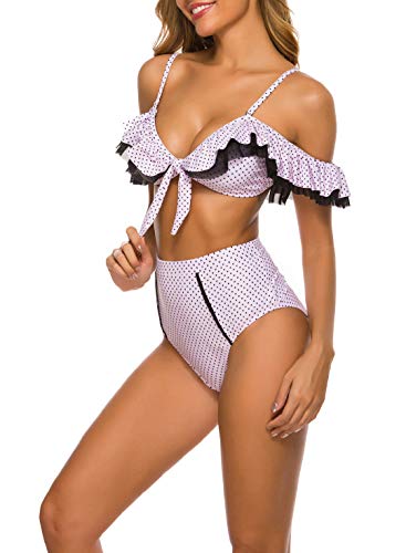 Conjunto de biquíni feminino VIMPUNEC com bolinhas, ombros de fora, com laço frontal, cintura alta,