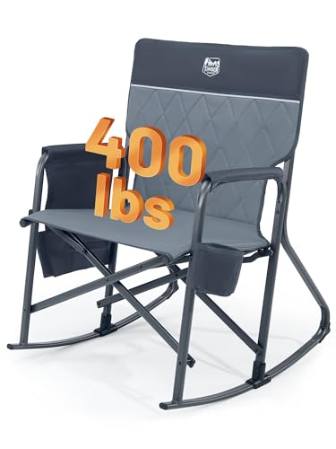 TIMBER RIDGE Folding Rocking Camping Chair, 400lbs Capacity Portable Oversized Outdoor Rocker with Hard Armrests, Cup Holder & Side Pocket, Quick-Fold Design for Outdoor, Patio, Lawn, Gray