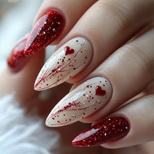 Valentines Press on Nails Medium Almond Fake Nails Red Glitter Fa...