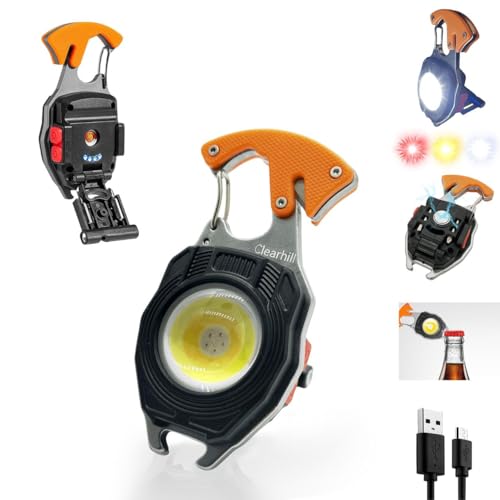 Clearhill Multifunctional COB Mini Keychain Flashlights,7 Light Modes,LED Rechargeable Small Torch with Screwdriver,Bottle Opener,Lighter etc. for Outdoor Camping Hiking(Orange)