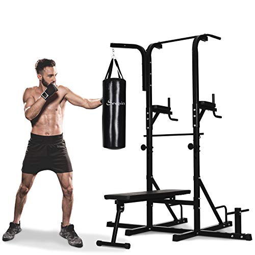 Soozier Home Gym Power Tower with Bench and Punching Bag, Multi-Function Adjustable Dip Sit Up Workout Station Equipment Heavy Duty for Home
