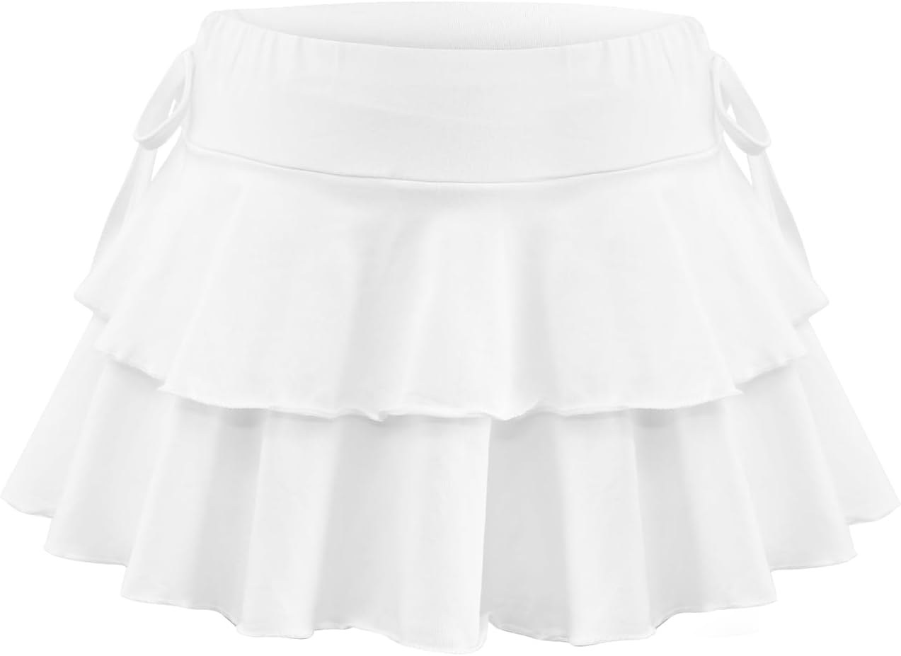 Girls Summer Tennis Tiered Skirts Athletic High Waisted Ruffle Mini Skirts with Shorts 9-10 Years White
