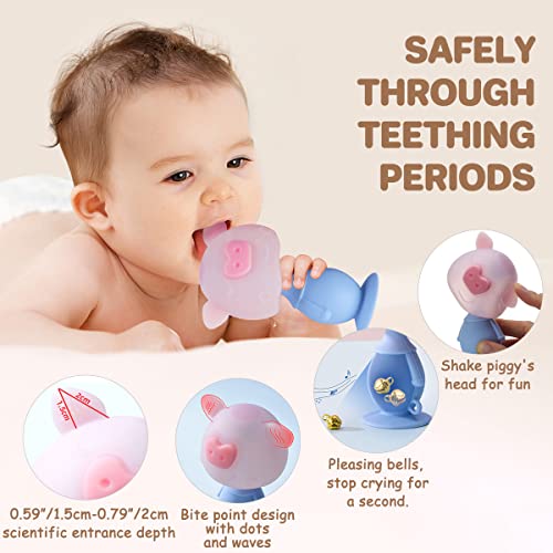 Beboan Silicone Baby Rattles And Newborn Teethers Toys For 0-3 Months 0-6 Months 6-12 Months Infant Boys And Girls, Bpa Free Teething Relief Chewing/Tummy Time Toy, Cute Piggy Shape, Pink And Blue #TOP3