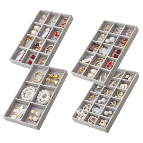 Jinavoty Lot de 4 organiseurs de bijoux pour tiroir - Plateau à bijoux en velours - Boîte de rangement pour bo