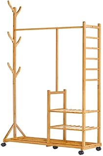 Yorbay Bamboo Clothes Rails, Coat Rack on Wheels Max Load 220lbs, Free Standing Garment Hanging Rails with 6 Hooks and 3 Shleves for Dress, Pants, Shoes, Hats, Natural, 100x38x176cm, Reusable
