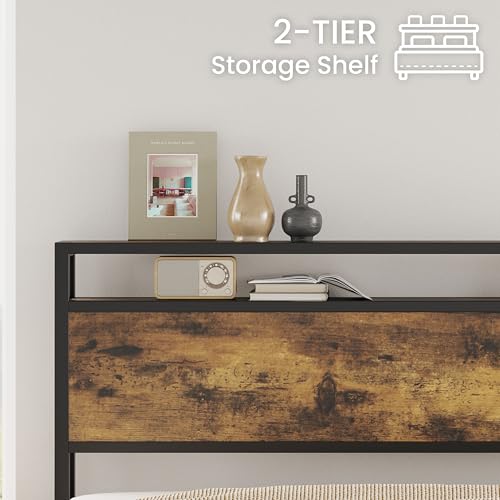 Image of LIKIMIO King Size Bed Frame with 2-Tier Storage Shelf Headboard | Dark Wood Platform Bed, Camas King with Strong Metal Supports, Sturdy, Noise-Free, No Box Spring Needed, Brown