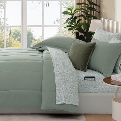 Image of Monbix Queen Comforter Set - 7 Pieces Sage Green Bed in a Bag Queen Track Stitching Bedding Sets, All Seasons Comforter Bed Set with Sheets, Pillowcases & Shams