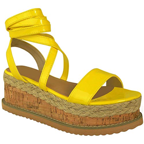 Fashion Thirsty Womens Flatform Summer Wedge Sandals Espadrilles Leg Lace Tie Up Neon Pink Party by Heelberry