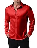 JEMITOP Mens Shiny Luxury Satin Slim Fit Dress Shirts Silk-Like Glossy Long Sleeve Button Down Shirts for Wedding Party Prom Red L