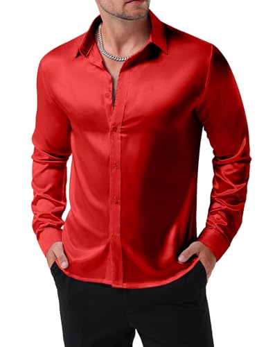 JEMITOP Mens Shiny Luxury Satin Slim Fit Dress Shirts Silk-Like Glossy Long Sleeve Button Down Shirts for Wedding Party Prom Red L