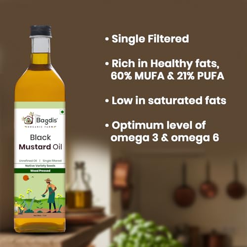 Image of The Bagdis Wood Pressed Black Mustard Oil | Cold Pressed | 100% Natural & Pure | Rich Aroma | For Cooking & Skin Care 1L (1L)