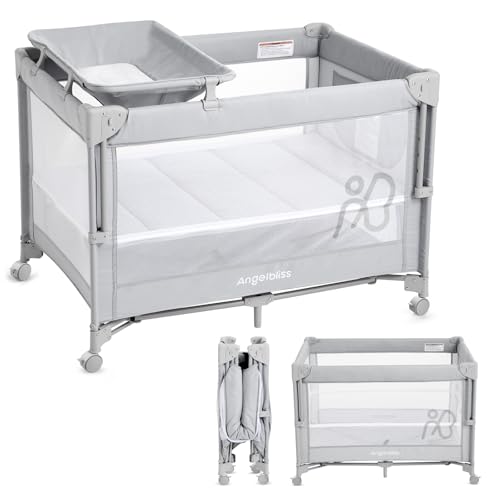Image of ANGELBLISS Baby Bassinet Bedside Crib, Pack and Play with Mattress, Diaper Changer, One-Push Setup Playards from Infants to Toddlers (Grey)