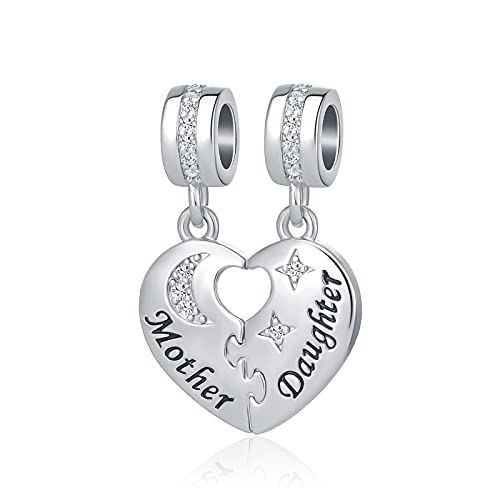 MZC Jewelry Mother and Daughter Heart Charm for Pandora Bracelets Moon Star Love Heart White Crystal Puzzle Mom Dangle Bead From Son Birthday Gift