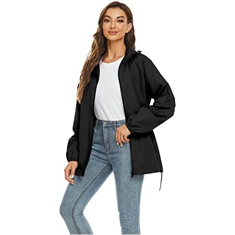 MODFUL Women Rainproof Jacket Long Sleeves Lightweight Windproof Hoodie Water Resistent Raincoat Outdoor Zipper Packable Windbreaker(Black,3XL) Cover