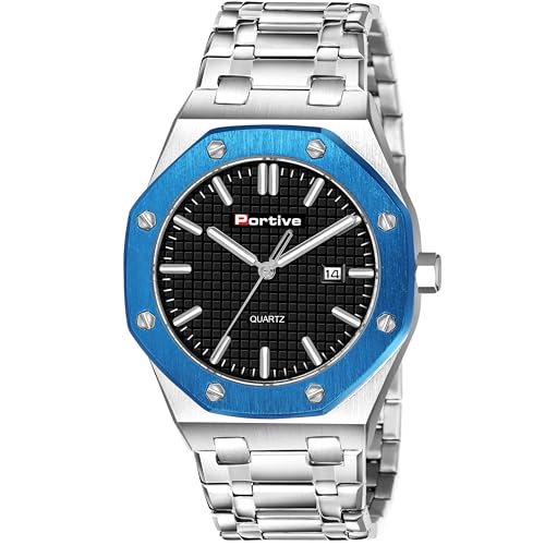Image of Portive Quartz Watch for Men, Silver Stainless Steel Bracelet, Black Dial, Date Display, Octagonal Case
