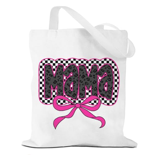 Preppy Checkered Mama Tote Bag, Canvas Tote Bag, Mother's Day Mom Gifts for Women, New Mom Mama Mommy Mum, Retro Coquette Bow Checkerboard Canvas Bags for Grocery Shopping Beach Christmas Birthday