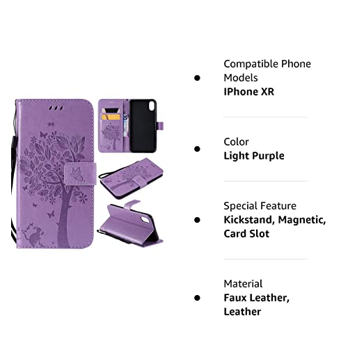 Iphone Xr Case,Iphone Xr Wallet Case,Iphone Xr Flip Case Pu Leather Emboss Tree Cat Flowers Folio Magnetic Kickstand Cover With Card Slots For Apple Iphone Xr (6.1 Inch) 2018 Release, Light Purple #TOP7