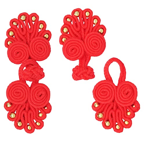 Botones de cierre chinos de 60 mm x 22 mm con siete cuentas, botones de rana de nudos chinos, cierres de costura de tela vintage (10 unidades, rojo)