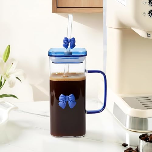 Image of FUNKYFINDS Coquette Blue Bow Glass Cup with Lid and Bow Straw, Dainty Glasses Drinking Set, 400 ml Cute Bow Glass Iced Coffee Cups, Preppy Glass Tumbler with Straw and Lid Gift (Set of 1)