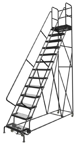 Image of Tri-Arc KDSR113242-D2 13-Step 20 inch Deep Top Steel Rolling Industrial & Warehouse Ladder with Handrails, 24 inch Wide Grip Strut Tread