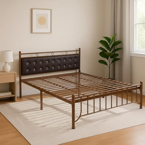 Image of Zuno Metal King Size Bed Without Storage | Wrought Iron Double Bed with Headboard & Footboard | Sturdy Powder Coated Platform Bed King Size Cot for Bedroom Living Room Brown (75x72)