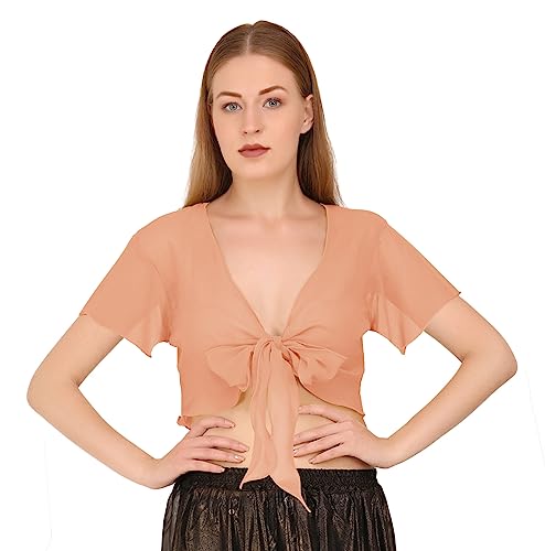 Image of Indian Trendy Women's Chiffon Short Sleeve Tie Top Choli Blouse Belly Dance Gypsy Tie Front Cardigan Tops