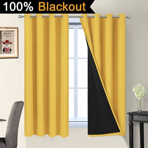 Image of Yakamok Mustard Yellow Blackout Curtains Panels 63 Inches Long, 52 inch Wide | Blackout Curtain Panels for Bedroom, 2 Thick Layers Grommet Top Thermal Insulated Drapes with Black Liner for Living Room
