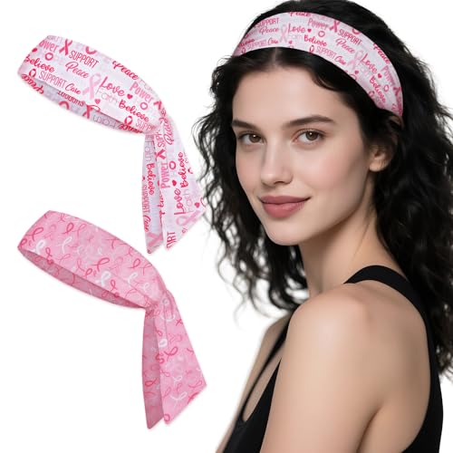ABTOLS 2PCS Breast Cancer Awareness Tie Sweatband Headband for Men Women Pink Rose Awareness Athletic Hairband Tie Up Sweatband for Breast Cancer Fundraising Events Support