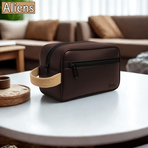 Image of Aliens Multipurpose Travel Organizer Vegan Leather Pouch for Men and Women, Hanging Dopp Kit, Water-Repellent Bag for Toiletry, Shaving Kit, Cosmetics & Makeup, Jewellery, Gadget, Accessories-Brown