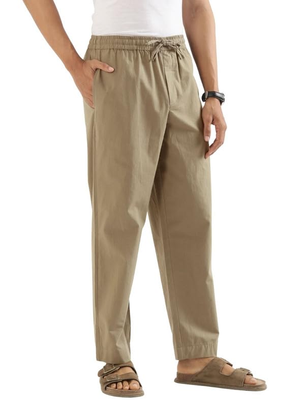 Image of SAADAA Men's 100% Cotton Pants | Mid-Rise Straight Fit Casual Trousers with Elastic Waistband and 3 Pockets | Everyday Wear