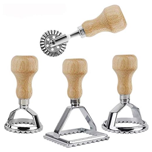 Emoly 4 Pack Ravioli Stamp Maker Cutter with Roller Wheel Set, Mold with Wooden Handle and Fluted Edge, Pasta Press Kitchen Attachment for Ravioli, Pasta, Dumplings Lasagna, Pierogi