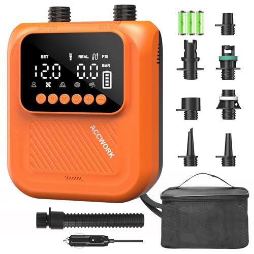 Accwork Pompe Électrique Rechargeable 20 PSI – Arrêt Automatique, Gonfleur Matelas Gonflable, 7 Buses pour Sup Paddle, Bateau, Tente, Kayak