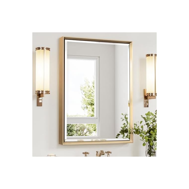 QueenFun Gold Bathroom Mirror, 22x30 Brushed Gold Bathroom Mirror Beveled Edge, Gold Framed Rectangle Bathroom Vanity Mirror, Anti-Rust Brushed Brass Metal Frame Wall Mirror Vertical/Horizontal