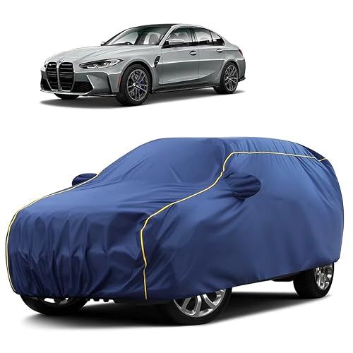 Image of Sulfar 100% Water Resistant Car Body Cover Compatible with Mirror for BMW M3 (Triple Stitched, Full Bottom Elastic, Blue Taffeta with Yellow Piping)