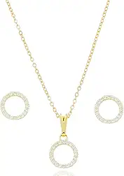 Conjunto Colar E Brinco Feminino Folheado A Ouro 18k Pingente Redondo Cravejado Elegante Perfeito Para Presente