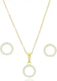 Conjunto Colar E Brinco Feminino Folheado A Ouro 18k Pingente Redondo Cravejado Elegante Perfeito Para Presente
