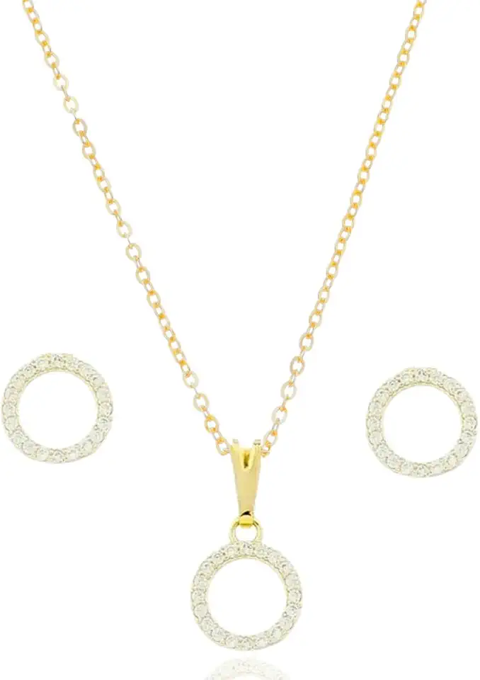 Conjunto Colar E Brinco Feminino Folheado A Ouro 18k Pingente Redondo Cravejado Elegante Perfeito Para Presente