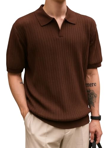 Image of Veirdo Men's Casual Ribbed Polo Collar Knit T-Shirt | Regular Fit Half Sleeve Polo for Men | Flat Knit Textured T-Shirt Perfect for Office, Party, Travel