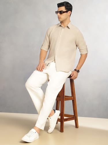 Image of Thomas Scott Men's | Solid | Textured Fabric | Full Sleeve | Slim Fit | Polyester-Blend | Spread Collar | Casual Shirt